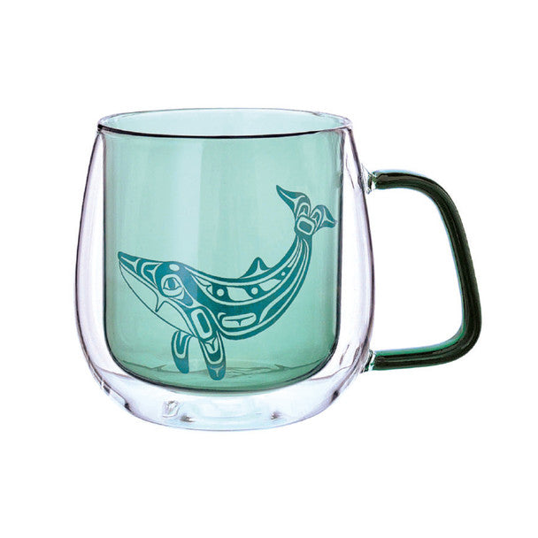 Humpback Whale Double Walled Coloured Glass Mug with whale illustration and green tint.