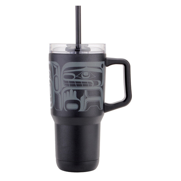 Tradition Insulated Tumbler with Indigenous artwork and straw for beverages.