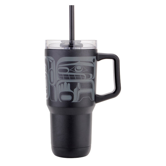 Tradition Insulated Tumbler with Indigenous artwork and straw for beverages.