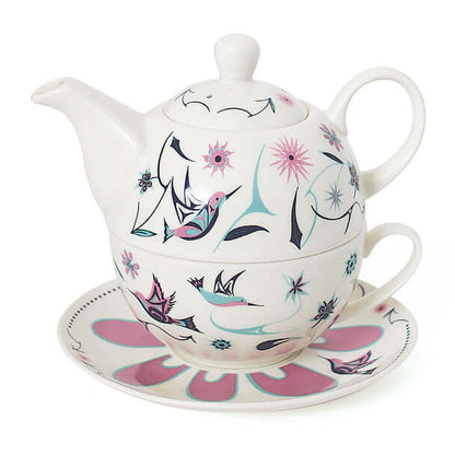 Hummingbirds - Tea For One Set featuring a beautiful ceramic teapot, teacup, and saucer with Indigenous design.