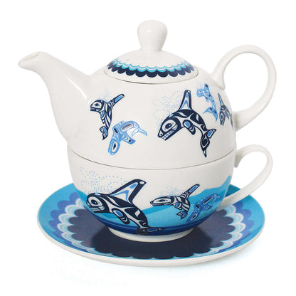 Orca Family - Tea For One Set featuring a teapot, teacup, and saucer with Indigenous art design.