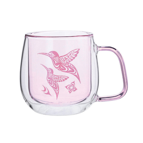 Hummingbird Double Walled Coloured Glass Mug featuring a pink design and elegant double-walled structure.