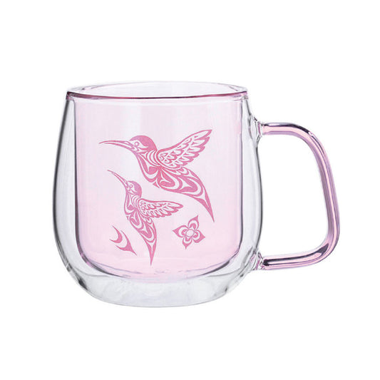 Hummingbird Double Walled Coloured Glass Mug featuring a pink design and elegant double-walled structure.
