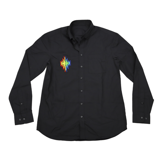 Black Men’s Applique Embroidered Dress Shirt with white applique embroidery front view