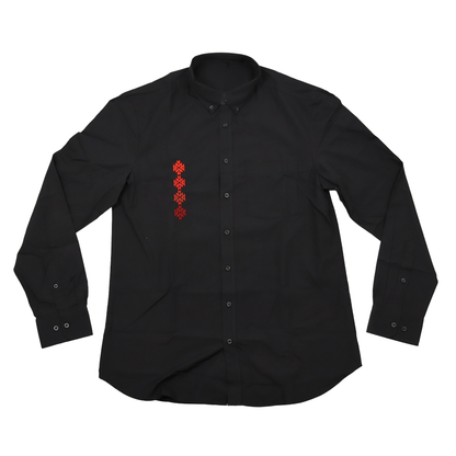 Black Men’s Geometric Embroidered Dress Shirt with detailed embroidery flat lay