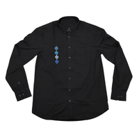 Black Men’s Geometric Embroidered Dress Shirt with red and blue embroidered accents front view
