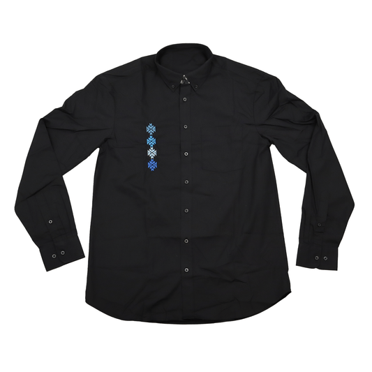 Black Men’s Geometric Embroidered Dress Shirt with red and blue embroidered accents front view