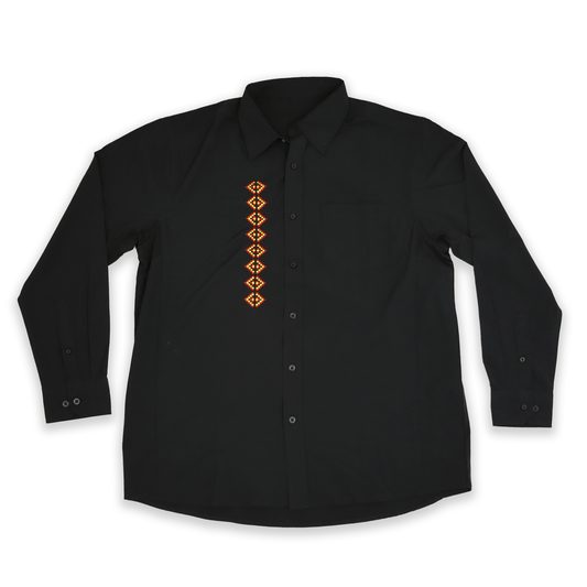 Black Men’s Navajo embroidered dress shirt with red stitching front view