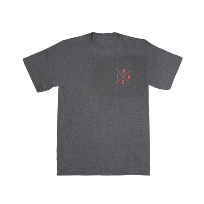 lose-up of Métis Sash Tee with cultural red sash infinity symbol on chest