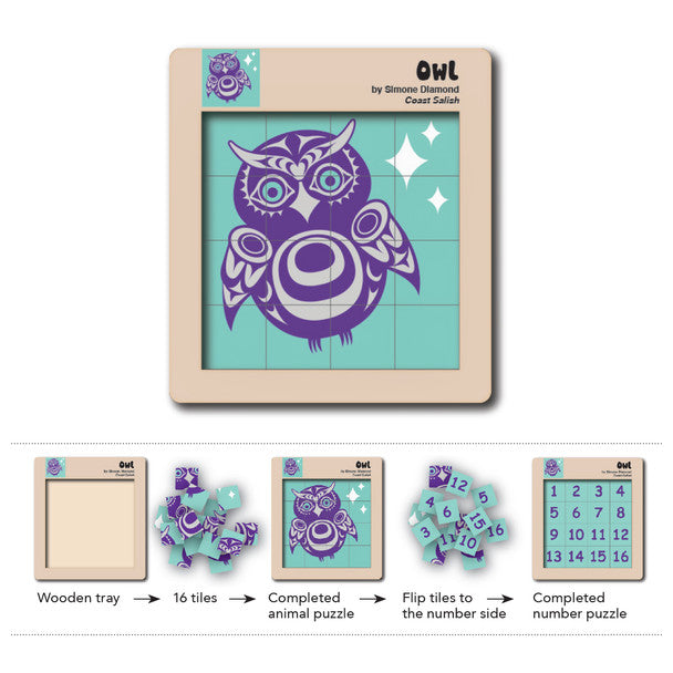 Owl - Double-Sided Wooden Tile Puzzle showing vibrant owl artwork and number tiles in a wooden tray.