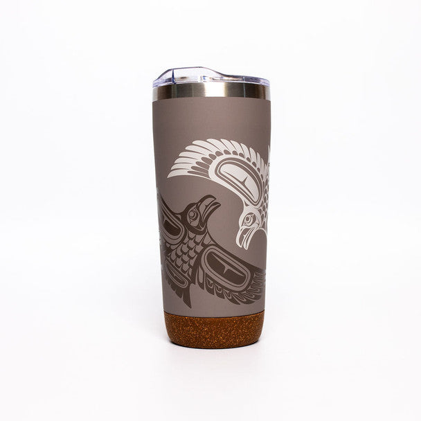 Raven Cork Base Travel Mug featuring artistic bird designs and a cork base for elegance and durability.
