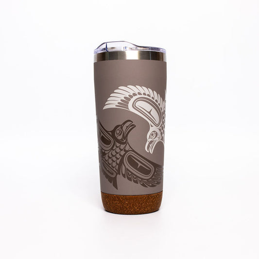 Raven Cork Base Travel Mug featuring artistic bird designs and a cork base for elegance and durability.