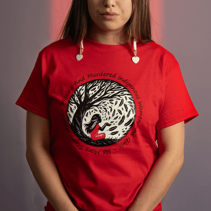 "Model wearing Red Dress Day 2025 t-shirt with Indigenous design
