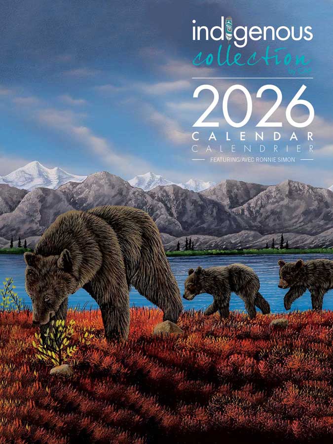 Ronnie Simon 2026 Calendar featuring bears in a scenic landscape with mountains and water, made in Canada.