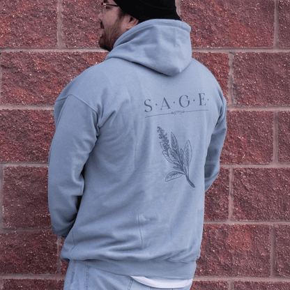 Back view of Sage Medicine Hoodie showing hood and print and relaxed fit