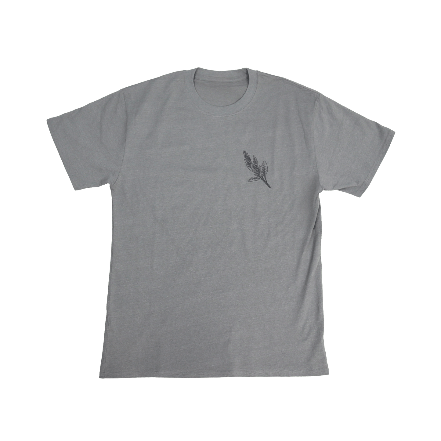 Flat lay front view of Sage Medicine Tee in grey with Indigenous cultural design