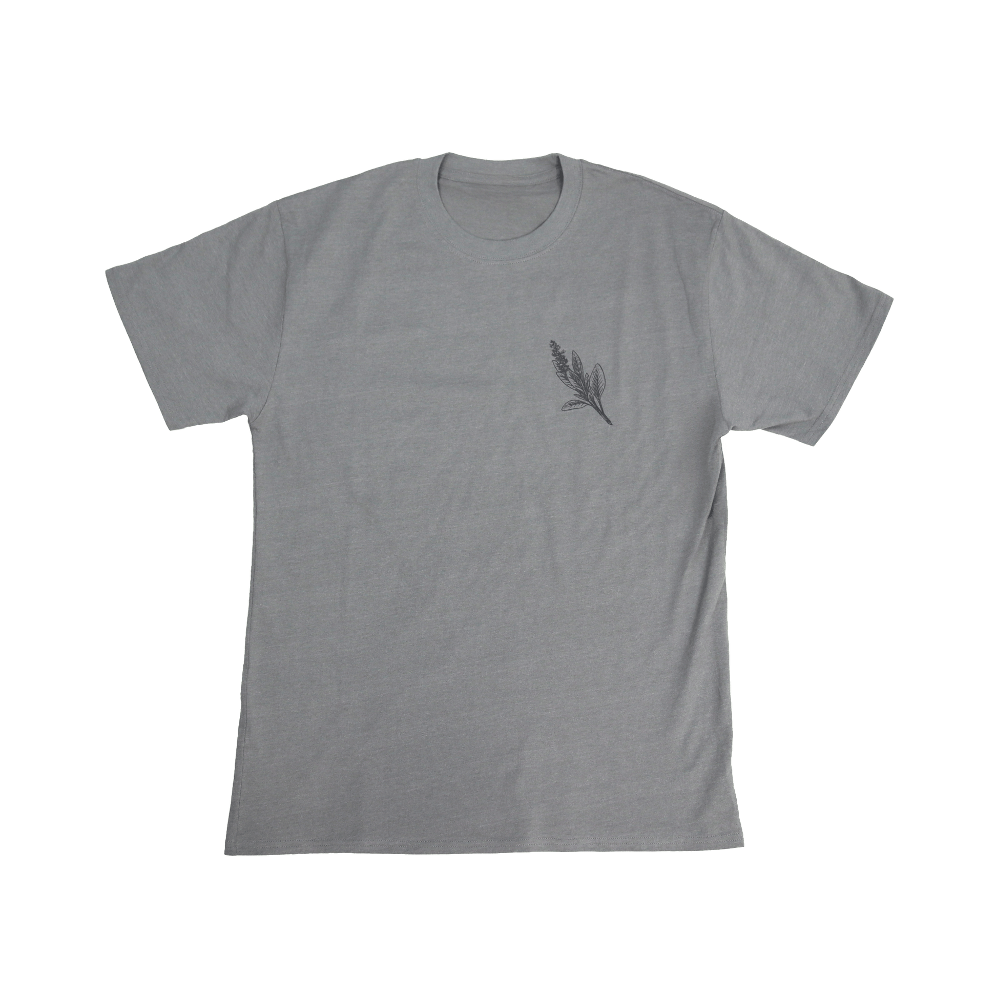 Flat lay front view of Sage Medicine Tee in grey with Indigenous cultural design