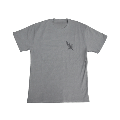 Flat lay front view of Sage Medicine Tee in grey with Indigenous cultural design