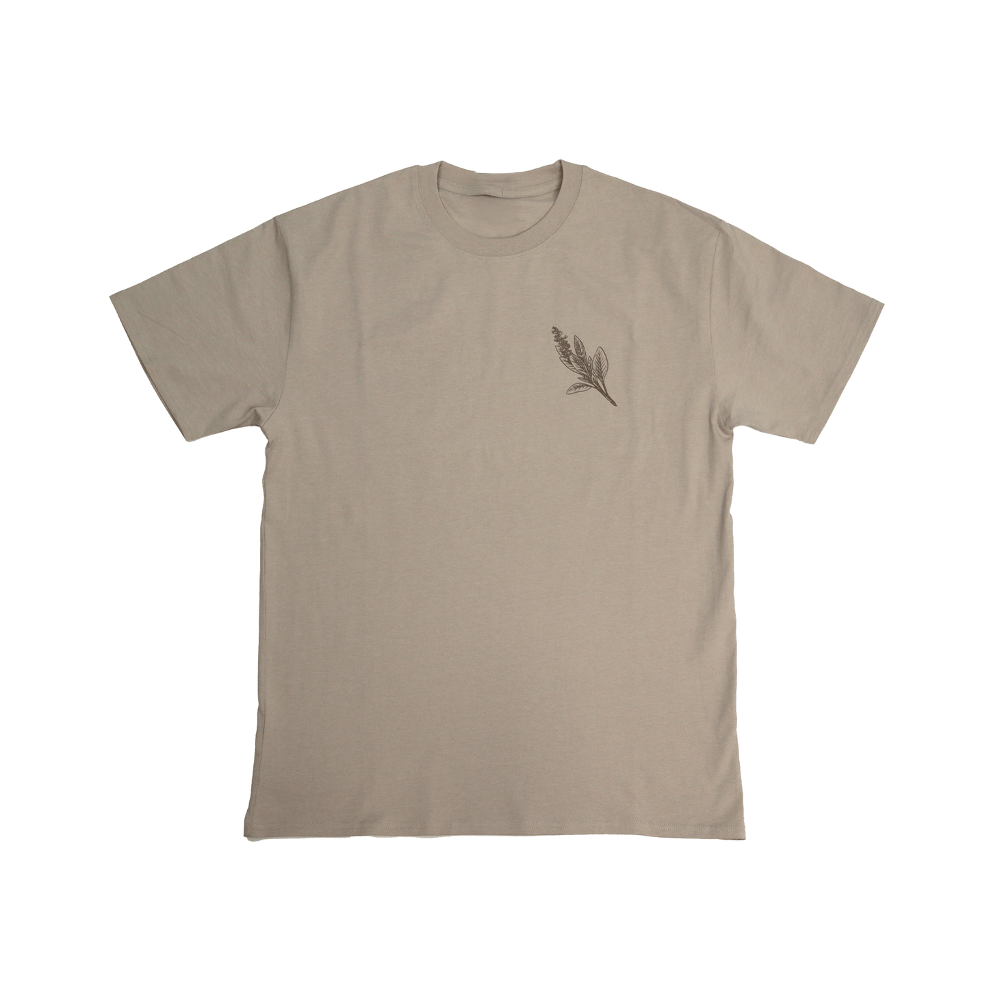 Flat lay front view of Sage Medicine Tee in beige with small chest logo