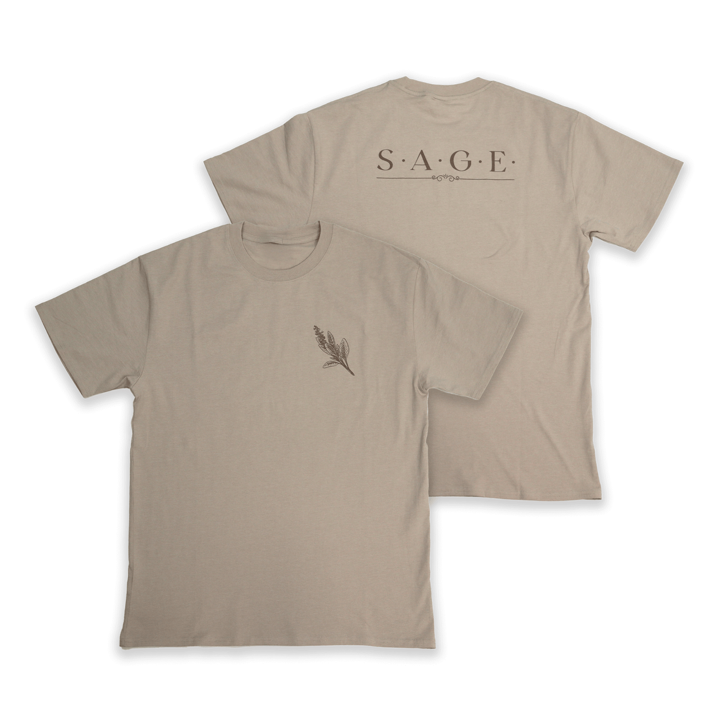 Flat lay front and back view of Sage Medicine Tee in beige with minimalist design