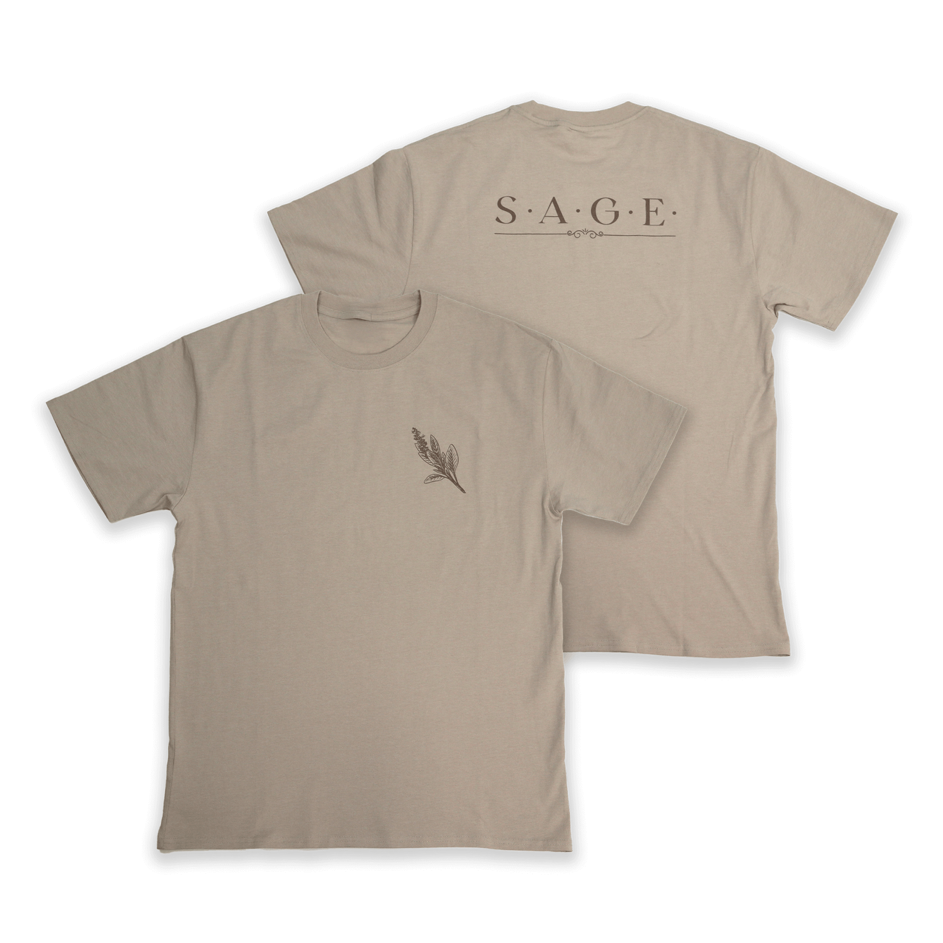 Flat lay front and back view of Sage Medicine Tee in beige with minimalist design