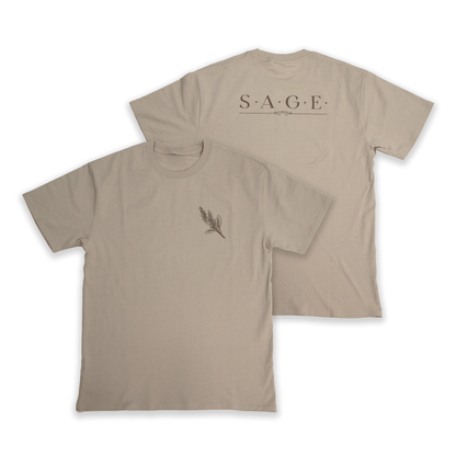 Flat lay front and back view of Sage Medicine Tee in beige with minimalist design