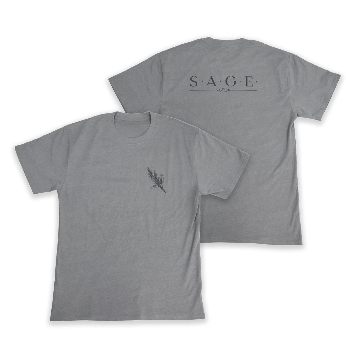 Flat lay front and back view of Sage Medicine Tee in grey with cultural print