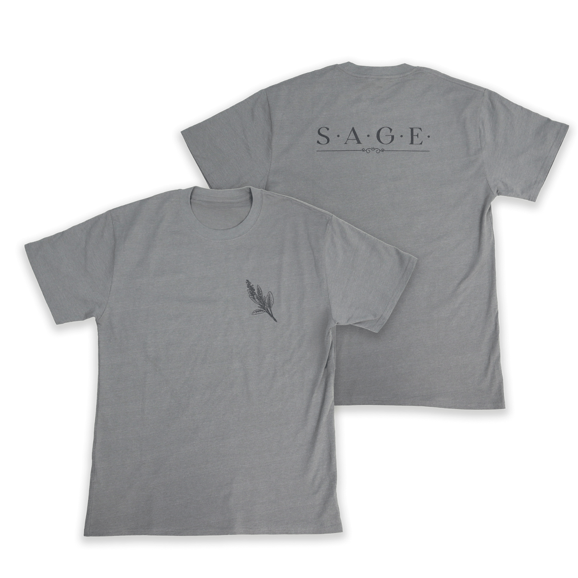 Flat lay front and back view of Sage Medicine Tee in grey with cultural print
