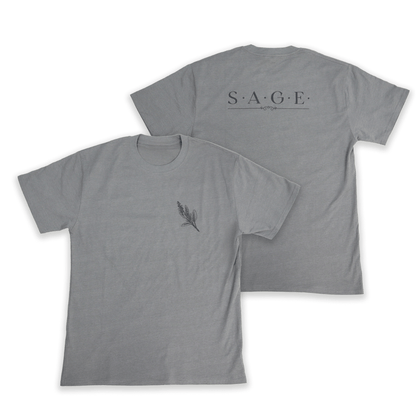 Flat lay front and back view of Sage Medicine Tee in grey with cultural print