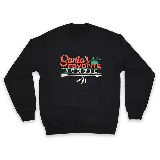 Black Santa’s Favorite Auntie Sweatshirt with holiday red and white lettering front view