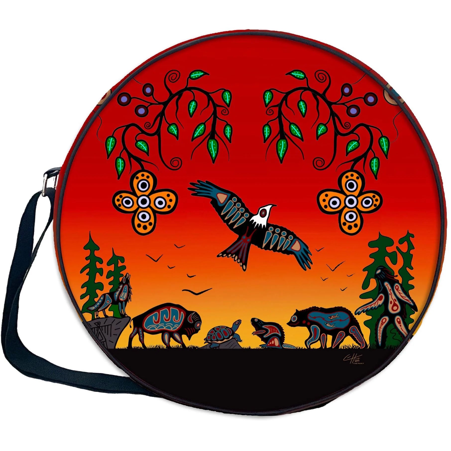 Seven Grandfather Teachings 21in Drum Bag featuring vibrant Indigenous art and meaningful symbols.
