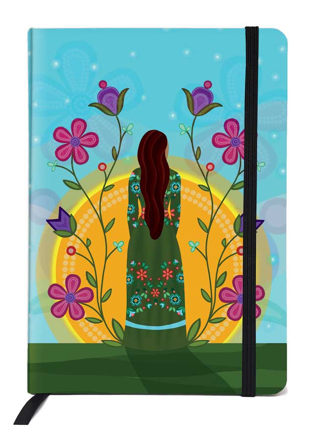 Shine On Lined Journal design with vibrant flowers and a woman in a green dress, featuring an elastic closure and bookmark.