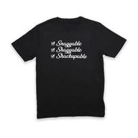 Snaggable, Shaggable, Shackupable T-Shirt design featuring playful checkboxes on a black background.