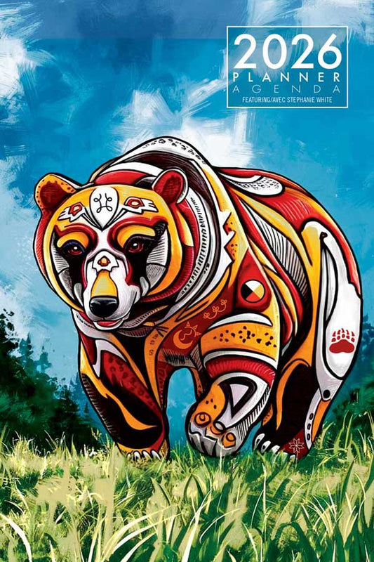 Spirit Bear 2026 Weekly Planner cover featuring colorful artwork by Stephanie White with a bear design.