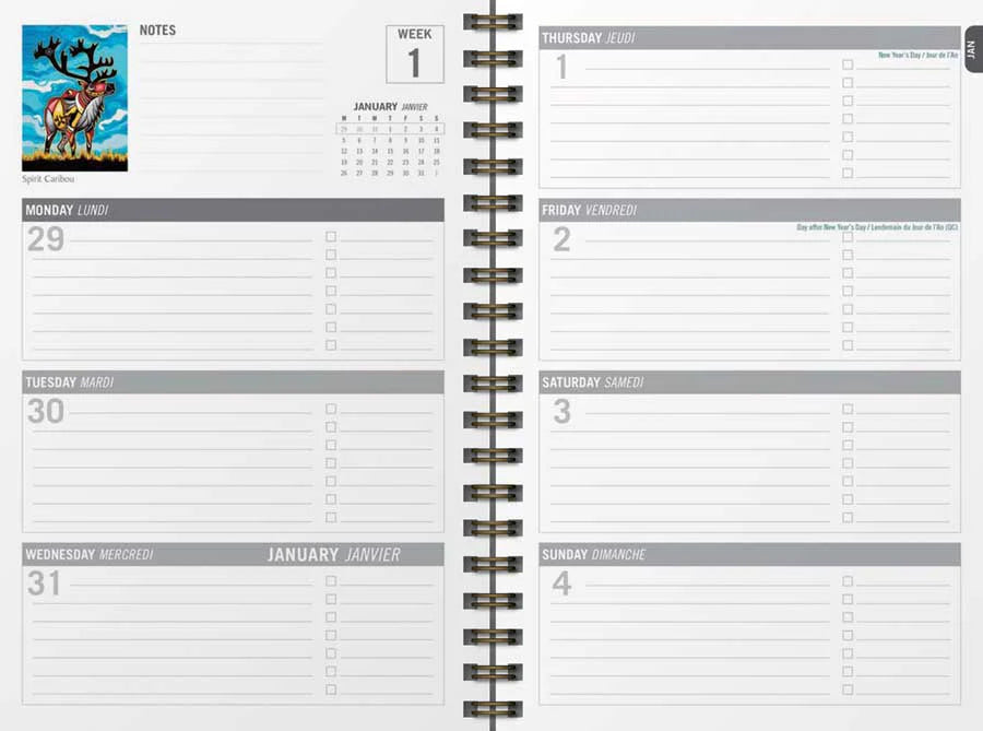 Spirit Bear 2026 Weekly Planner interior layout for the first week of January, featuring artwork by Stephanie White.