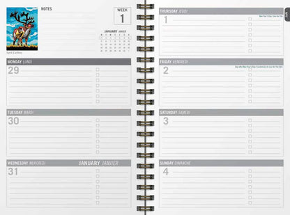 Spirit Bear 2026 Weekly Planner interior layout for the first week of January, featuring artwork by Stephanie White.