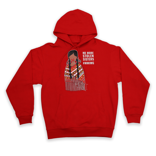 Red Stolen Sisters Hoodie with symbolic Indigenous awareness artwork front view