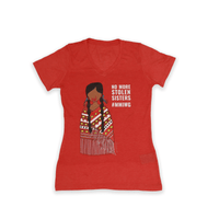 Red Stolen Sisters Ladies V-neck Tee with black symbolic artwork front view