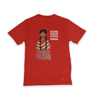 Red Stolen Sisters Unisex Tee with symbolic black print front view