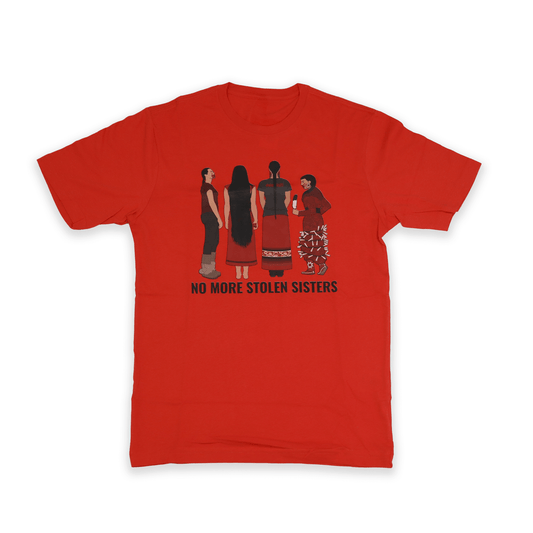 Red Stolen Sisters Unisex Tee 2023 with cultural awareness graphic front view