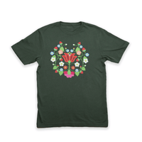 Strawberry Floral Tee featuring an Indigenous floral design on a dark green background.