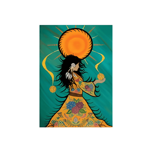 Sun Catcher Note Card featuring abstract artwork by Mi’gmaq artist Tracey Metallic with vibrant colors.