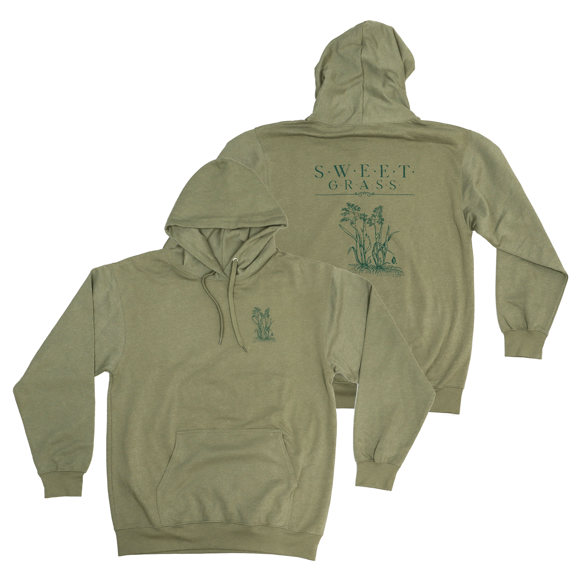 Flat lay front and back view of Sweetgrass Medicine Hoodie with symbolic print design