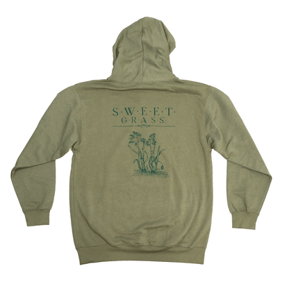 Flat lay back view of Sweetgrass Medicine Hoodie with Indigenous cultural artwork