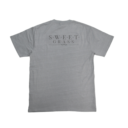 Flat lay back view of Sweetgrass Medicine Tee in grey