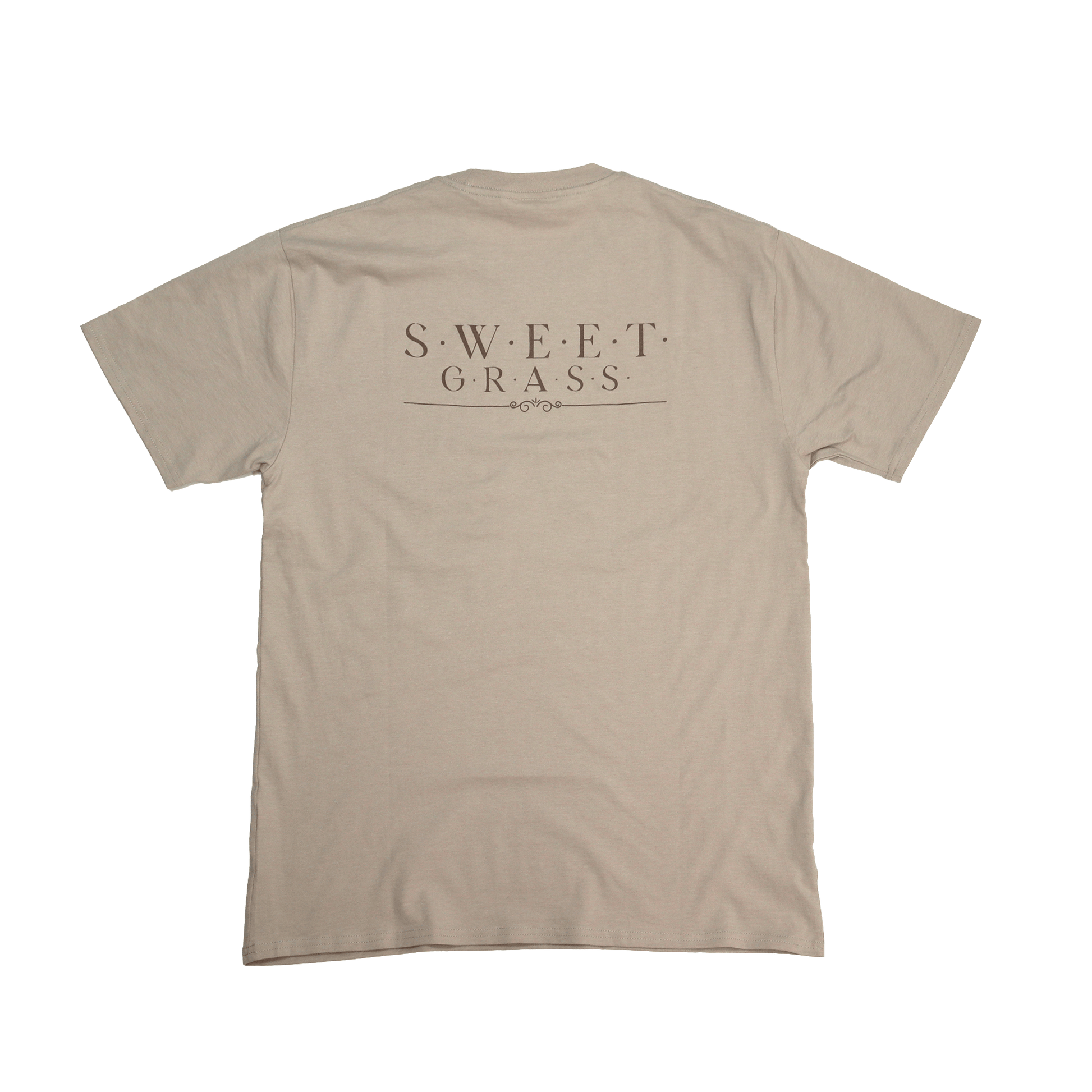 Flat lay back view of Sweetgrass Medicine Tee in beige
