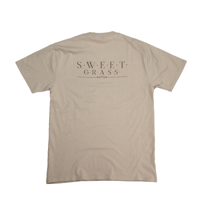 Flat lay back view of Sweetgrass Medicine Tee in beige