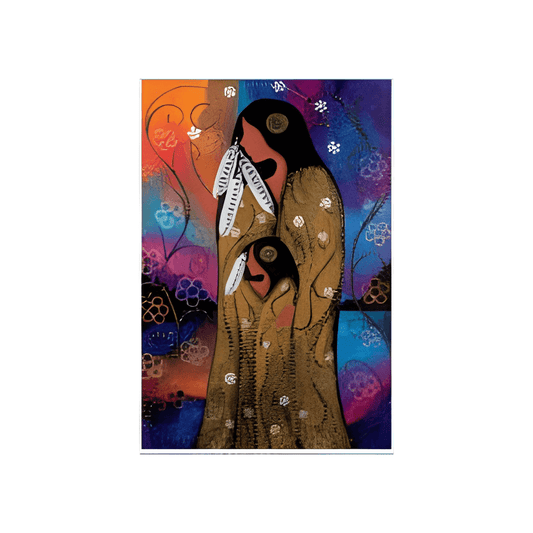 The Inheritance Note Card featuring vibrant Indigenous artwork in orange, purple, and yellow tones