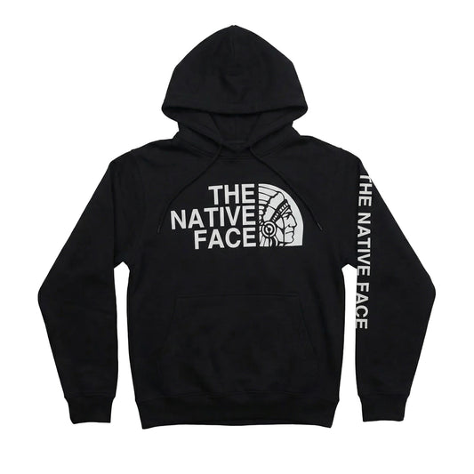 Native Face Hoodie featuring a black design with The Native Face graphic on the front and sleeve.