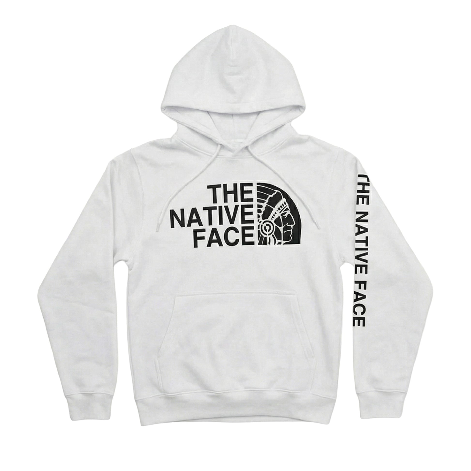 Native Face Hoodie in white with iconic graphic and relaxed fit for comfortable everyday wear.